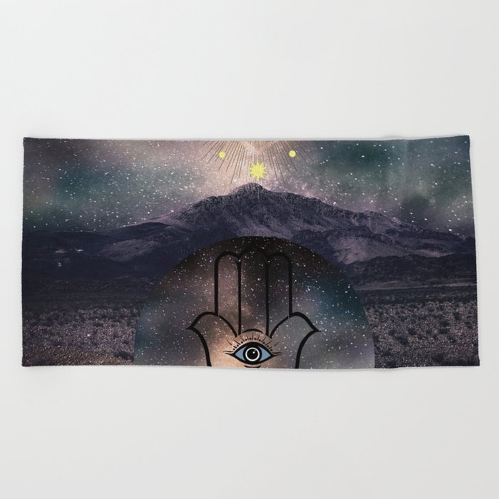 Spiritual Starry Sky Gold Moon Hamsa Celestial Landscape Beach Towel