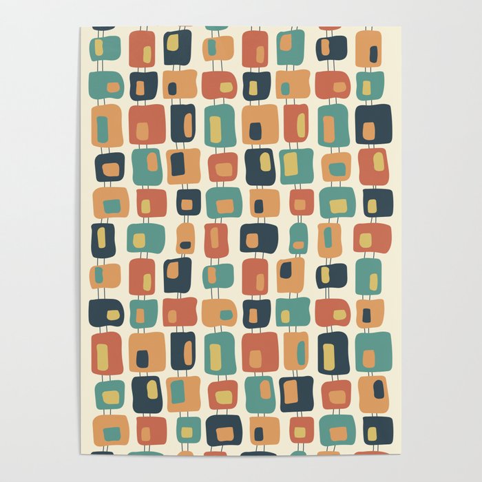 Funky Retro Squares Pattern Charcoal, Teal, Orange and Yellow Poster