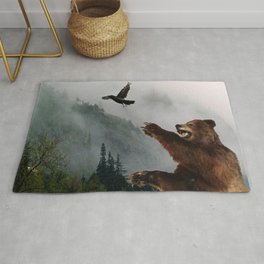 The Trickster - Raven & Grizzly Bear Art Print Rug | Graphic Design, Photo, Animal, Nature 