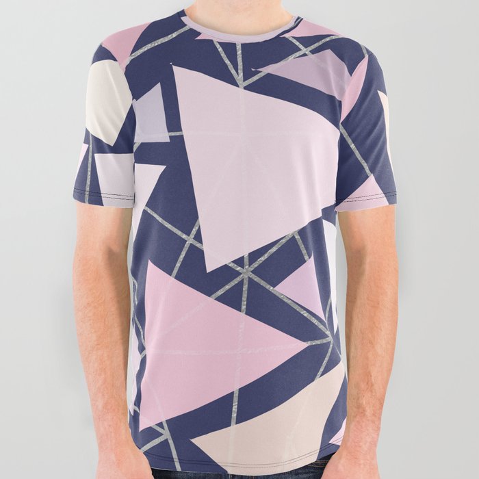 Geometric navy blue silver coral pink ivory triangles  All Over Graphic Tee