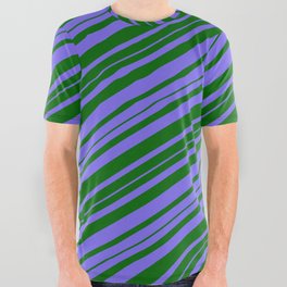 [ Thumbnail: Medium Slate Blue and Dark Green Colored Striped Pattern All Over Graphic Tee ]