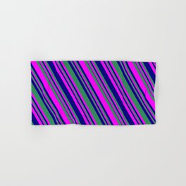 [ Thumbnail: Sea Green, Fuchsia, and Blue Colored Lined/Striped Pattern Hand & Bath Towel ]