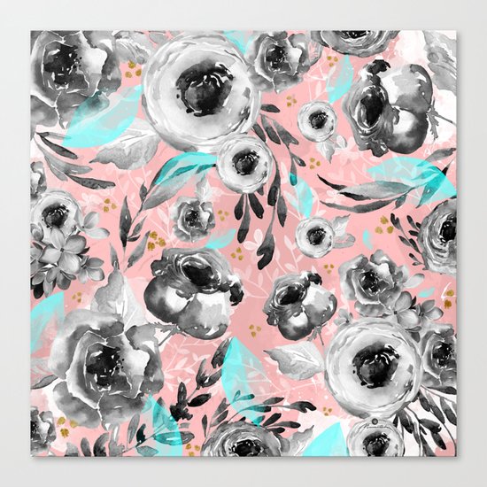 blooms flowers black and white Canvas Print