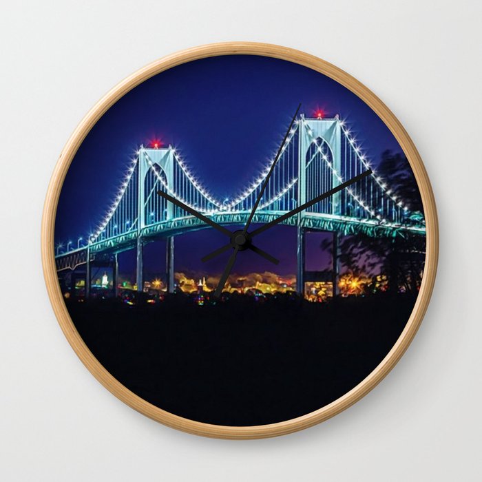 Newport Bridge, City Lights, Newport, Rhode Island landscape painting by Jeanpaul Ferro Wall Clock