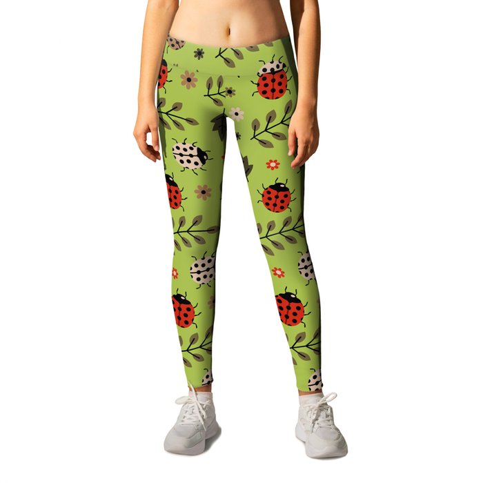 Ladybug and Floral Seamless Pattern on Light Green Background Leggings