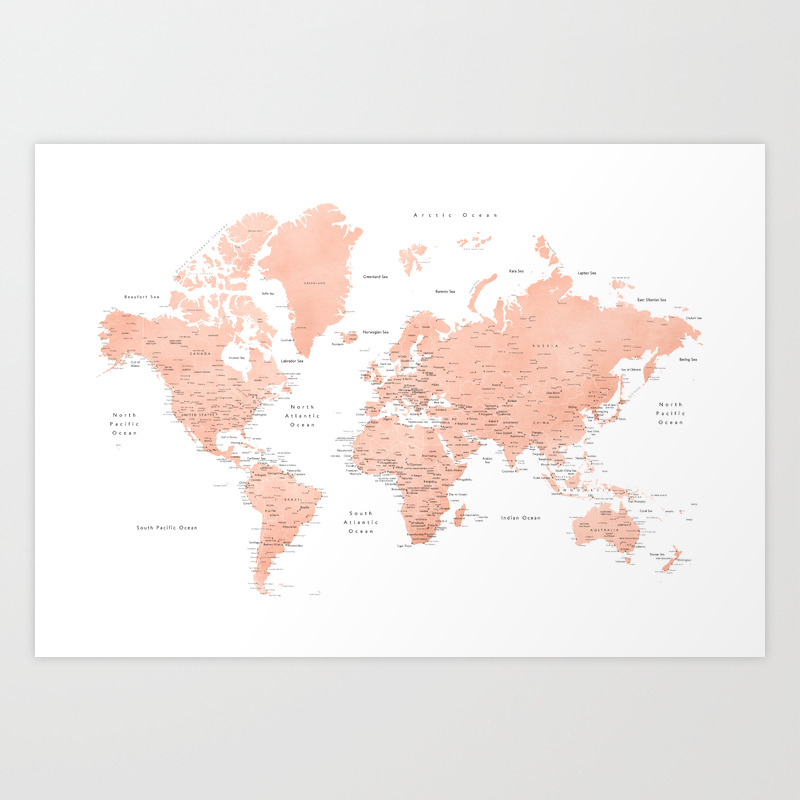 World Map Rose Gold Rose Gold World Map With Cities, "Hadi" Art Print By Blursbyaishop |  Society6