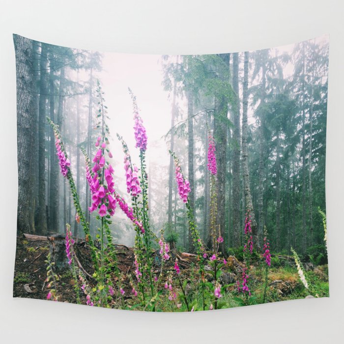 Wild Flowers.Foxglove.Forest.Mist.Fog.Pink.Washington.Olympic Peninsula. Wall Tapestry