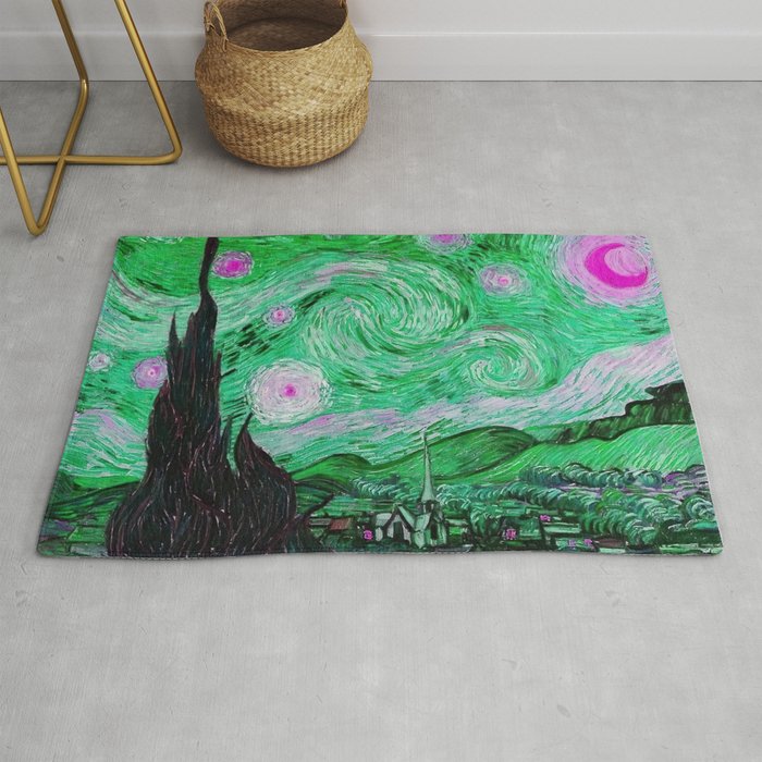 The Starry Night - La Nuit étoilée oil-on-canvas post-impressionist landscape masterpiece painting in alternate green and purple by Vincent van Gogh Rug