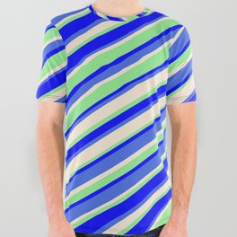 [ Thumbnail: Light Green, Blue, Royal Blue & Beige Colored Striped/Lined Pattern All Over Graphic Tee ]