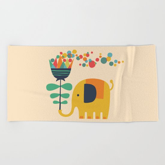Elephant with giant flower Beach Towel