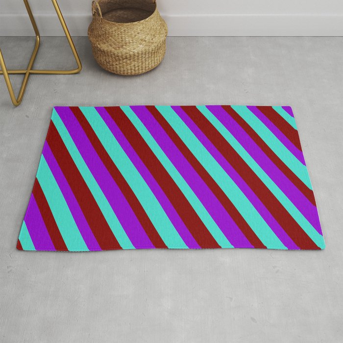 Dark Violet, Turquoise & Maroon Colored Lines/Stripes Pattern Rug