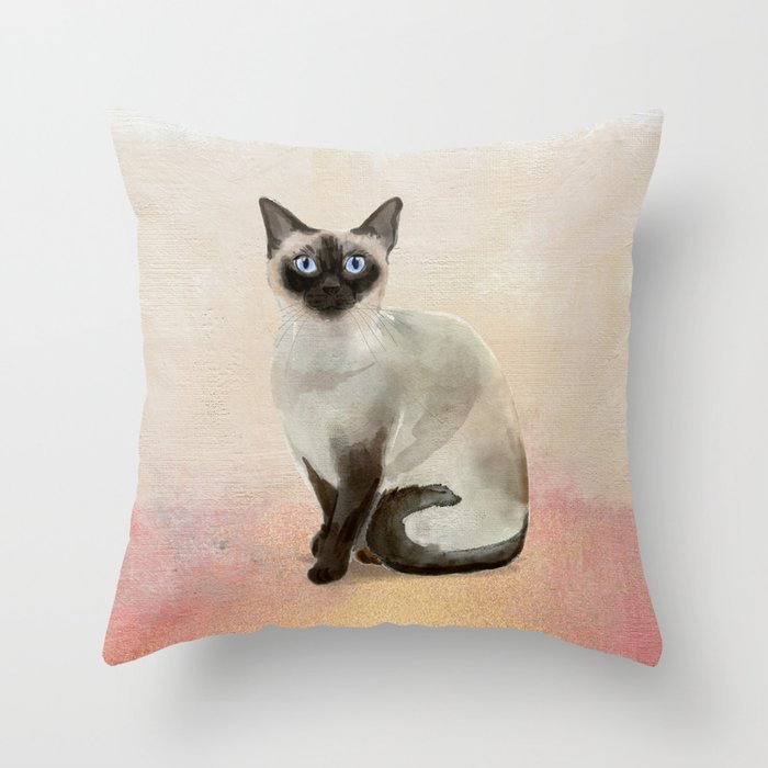 Siamese Cat Watercolor Painting Blush Pink Gold Throw Pillow