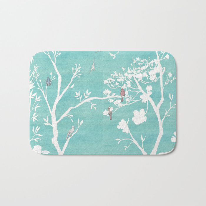 Chinoiserie Panels 1-2 White Scene on Teal Raw Silk - Casart Scenoiserie Collection Bath Mat