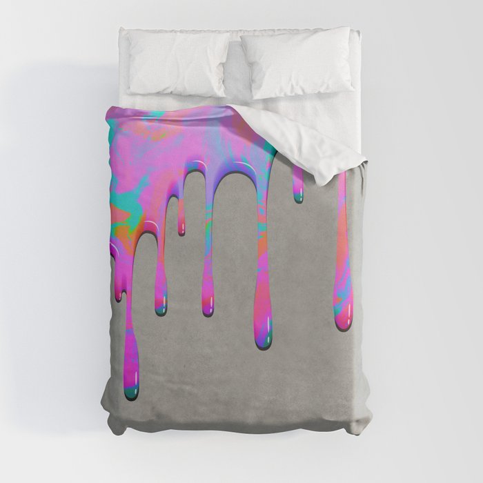 Pink Dripping Paint on Grey Duvet Cover