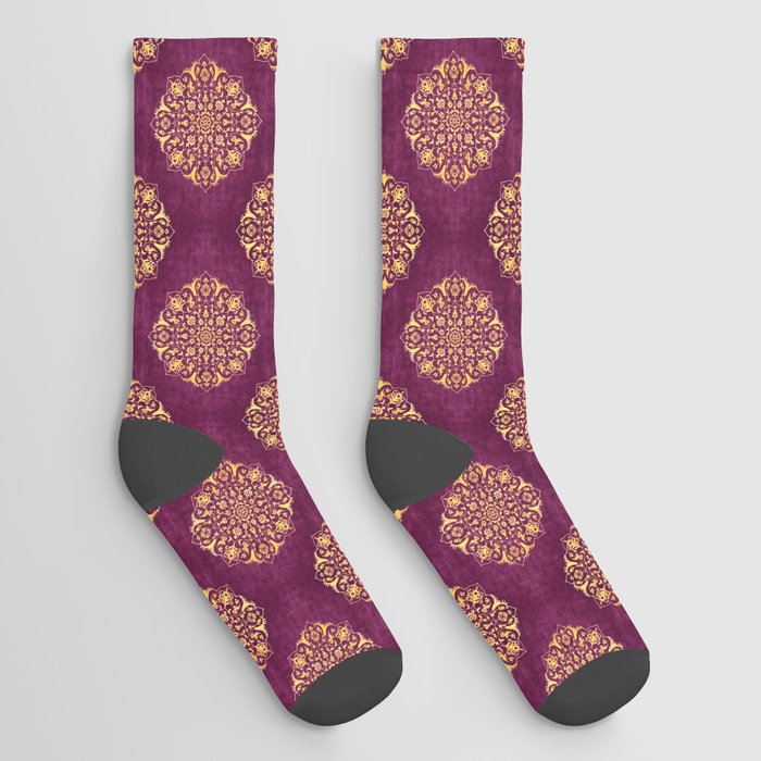 Floral Berber Traditional Bohemian Vintage Purple Moroccan Mandala Velvet Fabric Style Socks