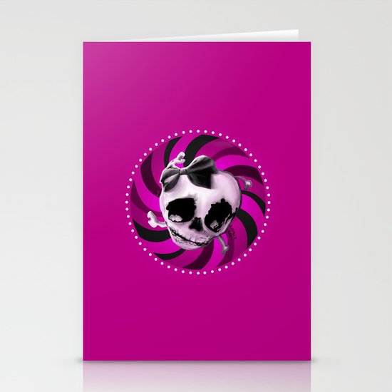 Girly Pink Skull with Black Bow Stationery Cards