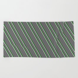 [ Thumbnail: Dim Grey, Dark Green, and Light Grey Colored Stripes Pattern Beach Towel ]