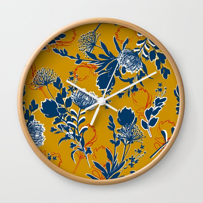 Gold and Blue Floral Wall Clock