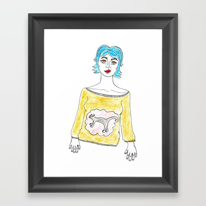 Blue Hair and Cat Sweater Framed Art Print