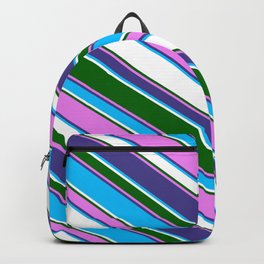 [ Thumbnail: Eyecatching Dark Slate Blue, Deep Sky Blue, White, Dark Green, and Violet Colored Pattern of Stripes Backpack ]