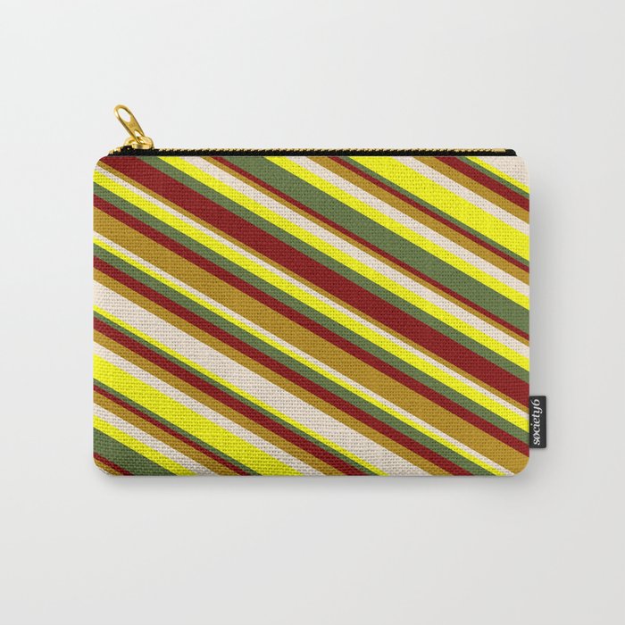 Eyecatching Maroon, Dark Goldenrod, Beige, Yellow & Dark Olive Green Colored Striped Pattern Carry-All Pouch