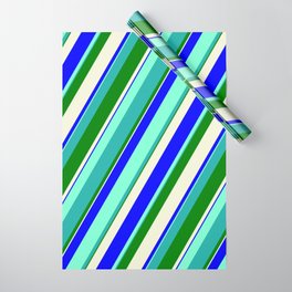 [ Thumbnail: Vibrant Aquamarine, Light Sea Green, Green, Beige, and Blue Colored Lines Pattern Wrapping Paper ]