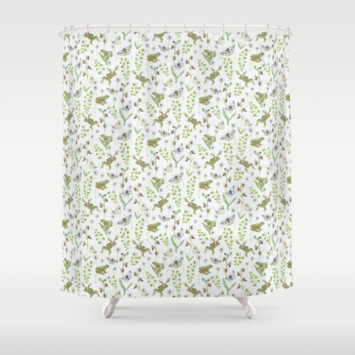 Spring Frogs and Orchids - Light Green Shower Curtain