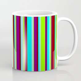 [ Thumbnail: Cyan, Powder Blue, Chartreuse, Purple & Dark Red Colored Lines/Stripes Pattern Coffee Mug ]