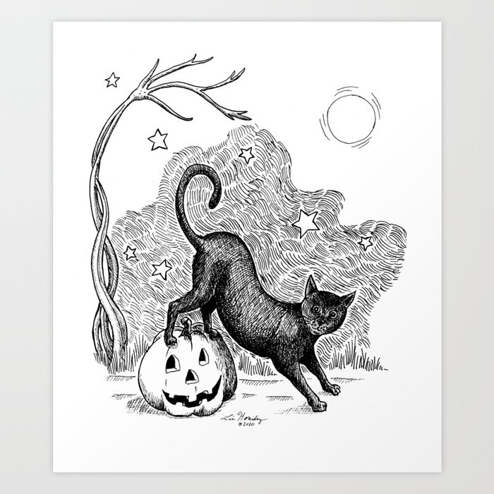Halloween Black Cat And Pumpkin  Art Print