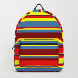 [ Thumbnail: Red, Yellow, Blue & Dark Red Colored Stripes/Lines Pattern Backpack ]