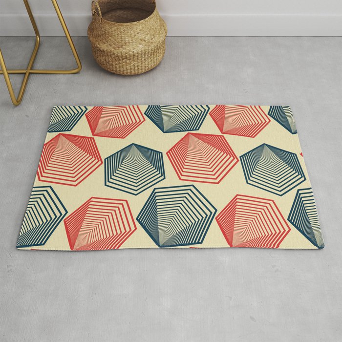 Mid-Century Modern Hexagonal Shapes Pattern - Red and Blue Rug