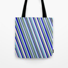 [ Thumbnail: Light Sky Blue, Dim Gray, Dark Sea Green, Blue & Bisque Colored Lined/Striped Pattern Tote Bag ]
