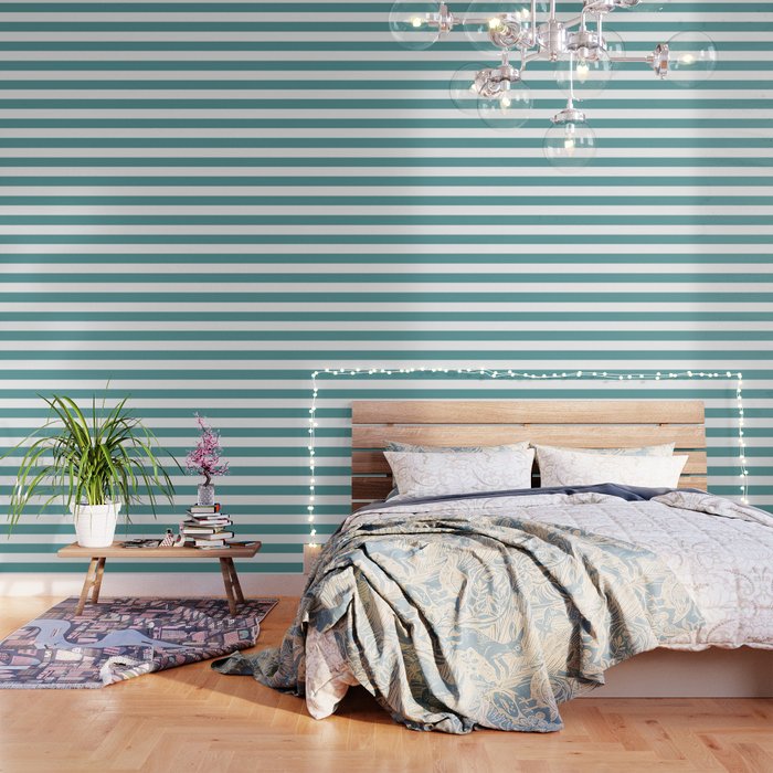 Cadet blue - solid color - white stripes pattern Wallpaper