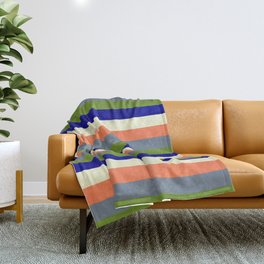 [ Thumbnail: Eye-catching Coral, Slate Gray, Green, Dark Blue & Light Yellow Colored Striped Pattern Throw Blanket ]