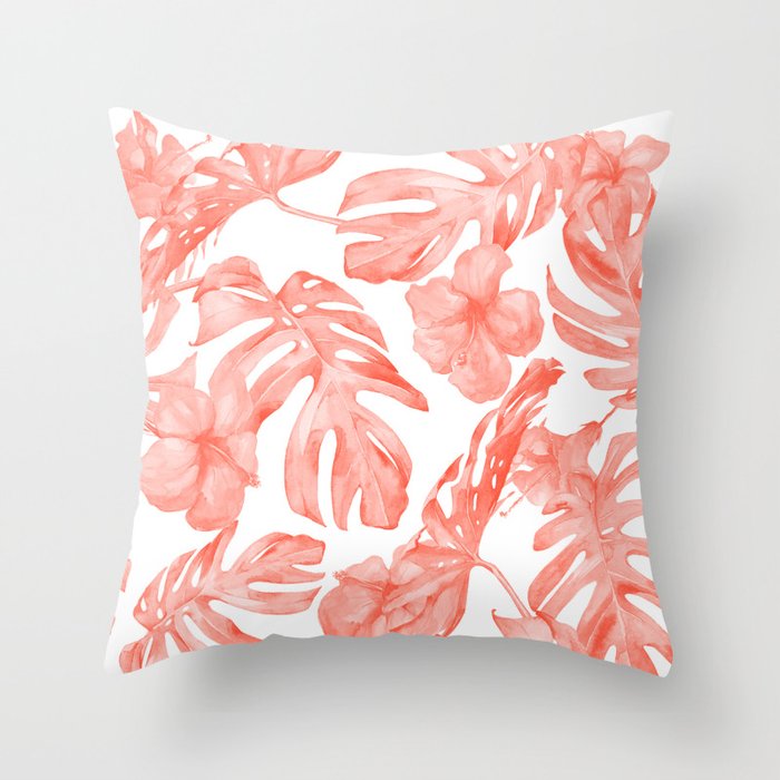 Tropical Hibiscus and Palm Leaves Dark Coral White Throw Pillow