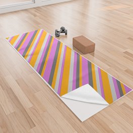 [ Thumbnail: Dim Gray, Orchid, Light Gray & Orange Colored Lined Pattern Yoga Towel ]