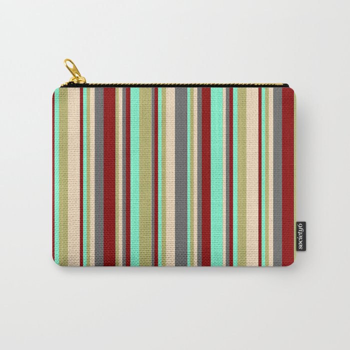 Aquamarine, Dark Khaki, Bisque, Dim Gray & Dark Red Colored Striped/Lined Pattern Carry-All Pouch