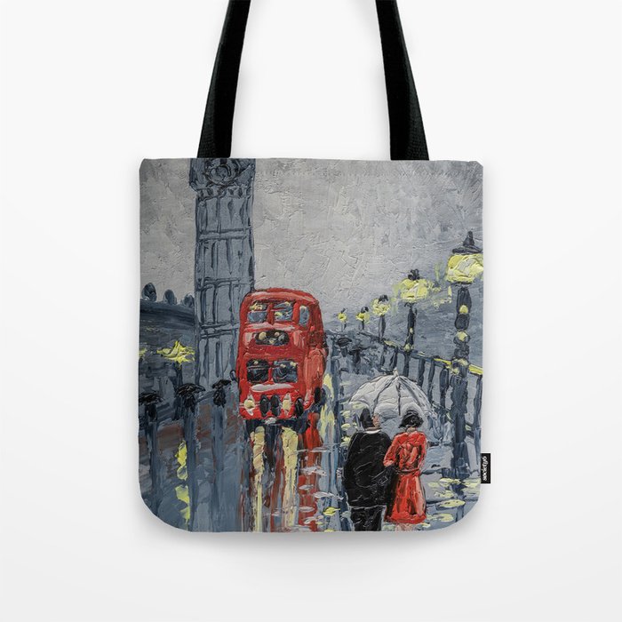 A couple walking in rainy London. Tote Bag