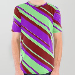 [ Thumbnail: Green, Maroon, and Dark Violet Colored Lined/Striped Pattern All Over Graphic Tee ]
