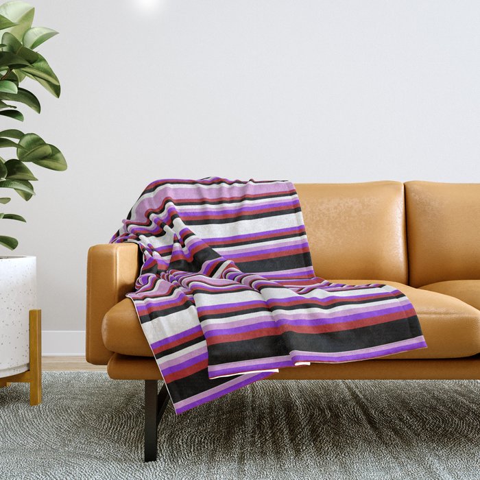 Eyecatching Plum, Purple, Red, Black & White Colored Lines/Stripes Pattern Throw Blanket