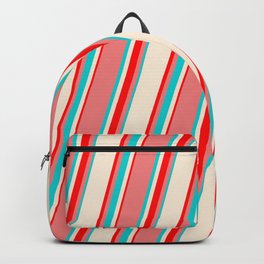 [ Thumbnail: Light Coral, Dark Turquoise, Beige & Red Colored Lines/Stripes Pattern Backpack ]