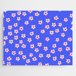 Cute Flowers with Hearts on Vibrant Blue Jigsaw Puzzle
