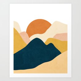 Boho sun mountain landscape in orange, yellow, blue Art Print