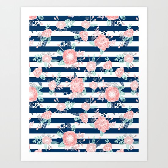 Florals bouquet navy stripe modern classic pattern print nautical preppy chic kids children college Art Print