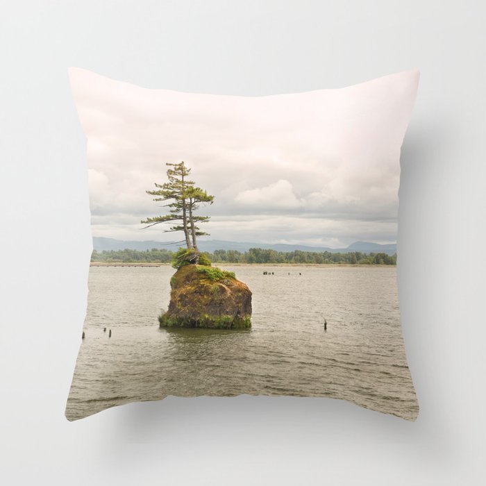 Altoona Rock Seastack Island Columbia River Oregon Washington Northwest Landscape Forest Trees Throw Pillow