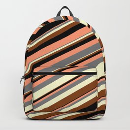 [ Thumbnail: Colorful Light Salmon, Grey, Light Yellow, Brown, and Black Colored Stripes Pattern Backpack ]