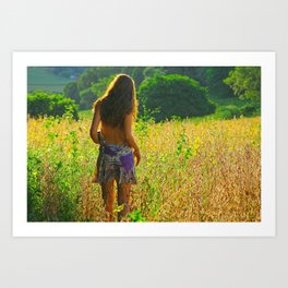 outta hand Art Print | Walking, Nature, Digital, Dress, Beautiful, Legs, Fields, Idilic, Woman, Photo 