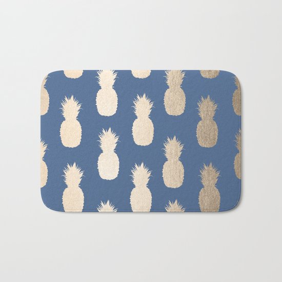 Gold Pineapples on Aegean Blue Bath Mat