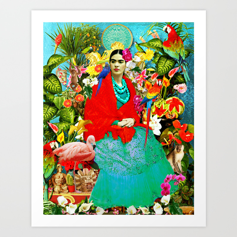 Frida Kahlo with Mexican Animals Birds Plants Art Print by Chrisy McConnell  | Society6