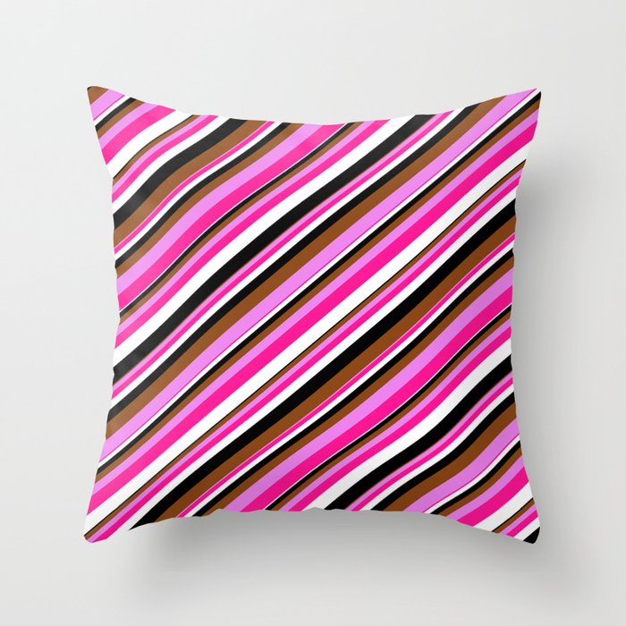 Vibrant Brown, Violet, Deep Pink, White, and Black Colored Striped Pattern Throw Pillow